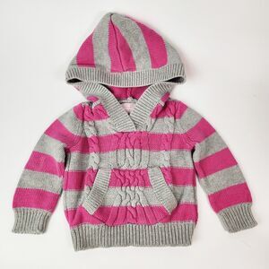 Baby Chunky‎ Cable Knit Sweater Girls 12-18M Pink Striped Hooded Pullover Girly